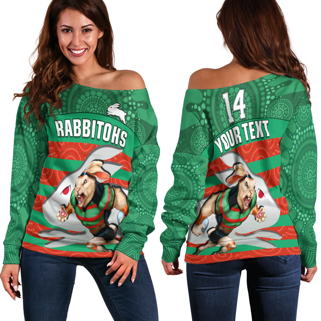 custom-text-and-number-rabbitohs-rugby-off-shoulder-sweater-aboriginal-dot-painting-glory-glory-sporty-style
