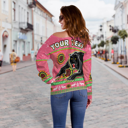 custom-personalised-panthers-christmas-off-shoulder-sweater-aboriginal-pattern-penrith-pink-version