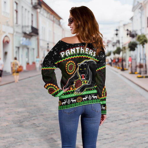 panthers-christmas-off-shoulder-sweater-aboriginal-pattern-penrith-black-version