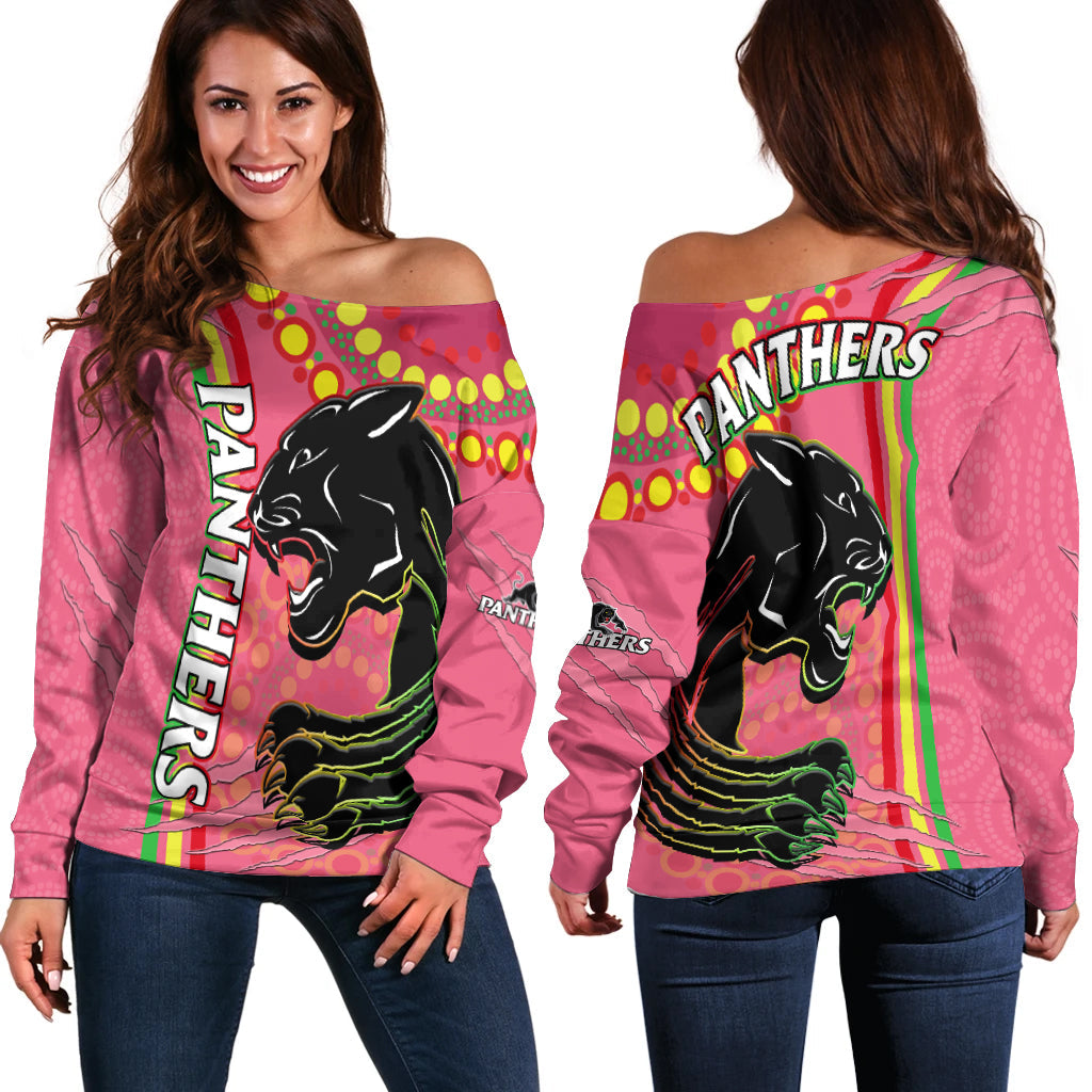 panthers-rugby-off-shoulder-sweater-the-mountain-men-aboriginal-art-dynamic-pink-version