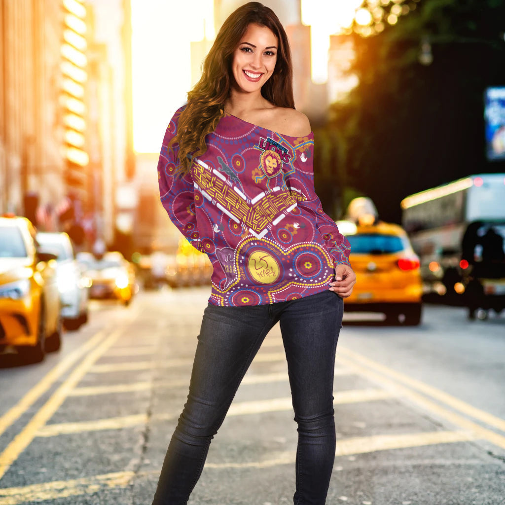 custom-text-and-number-brisbane-football-off-shoulder-sweater-indigenous-pattern-go-lions-unique-version