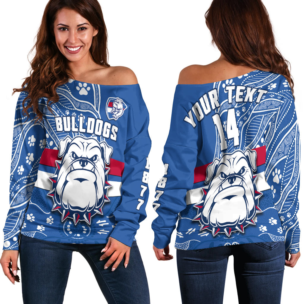 custom-text-and-number-bulldogs-football-off-shoulder-sweater-scraggers-1877-aboriginal-dot-painting-newest-version