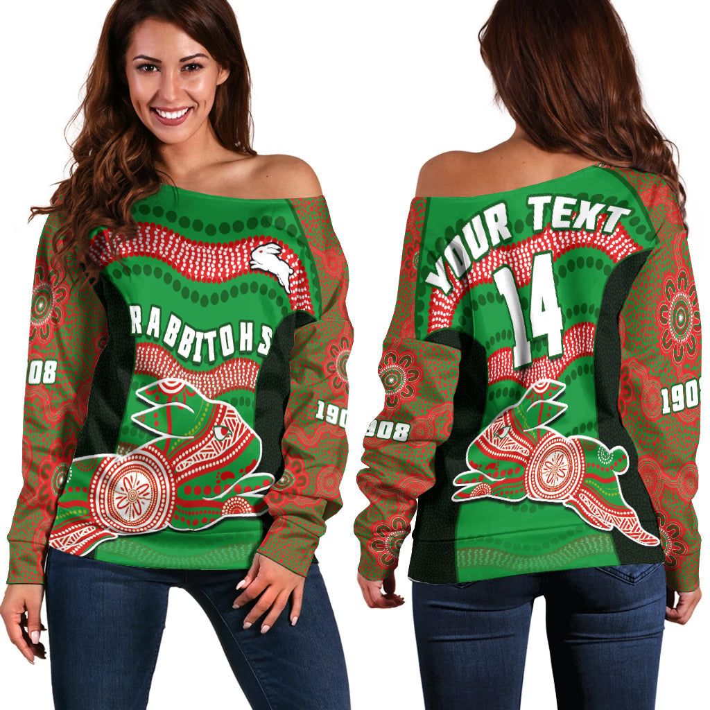 custom-text-and-number-rabbitohs-rugby-off-shoulder-sweater-souths-1908-aboriginal-dot-painting-go-bunnies
