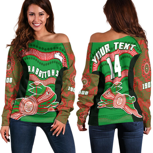 custom-text-and-number-rabbitohs-rugby-off-shoulder-sweater-souths-1908-aboriginal-dot-painting-go-bunnies
