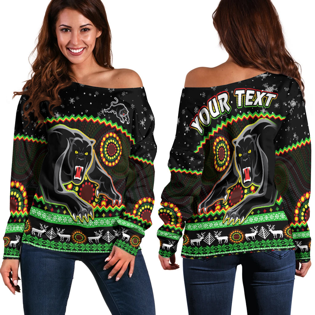 custom-personalised-panthers-christmas-off-shoulder-sweater-aboriginal-pattern-penrith-black-version