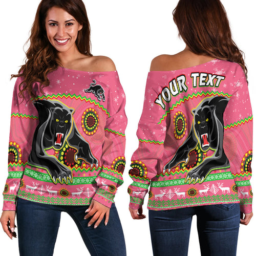 custom-personalised-panthers-christmas-off-shoulder-sweater-aboriginal-pattern-penrith-pink-version