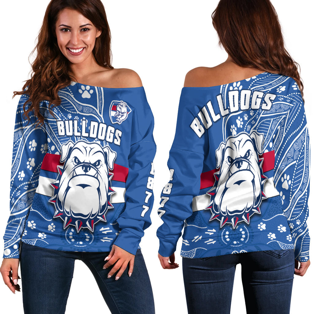 bulldogs-football-off-shoulder-sweater-scraggers-1877-aboriginal-dot-painting-newest-version