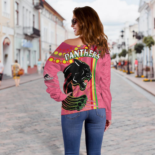 panthers-rugby-off-shoulder-sweater-the-mountain-men-aboriginal-art-dynamic-pink-version