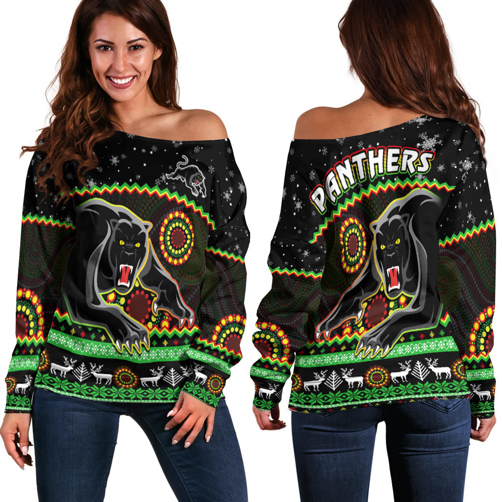 panthers-christmas-off-shoulder-sweater-aboriginal-pattern-penrith-black-version