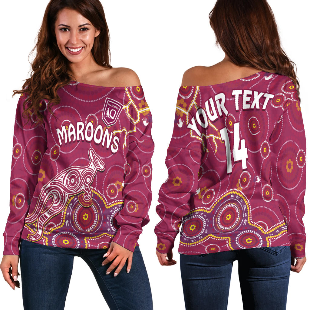 custom-text-and-number-maroons-rugby-off-shoulder-sweater-kangaroo-indigenous-pattern-unique-version
