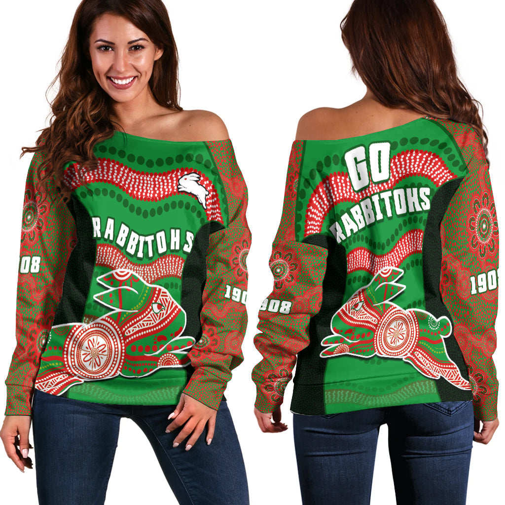 rabbitohs-rugby-off-shoulder-sweater-souths-1908-aboriginal-dot-painting-go-bunnies