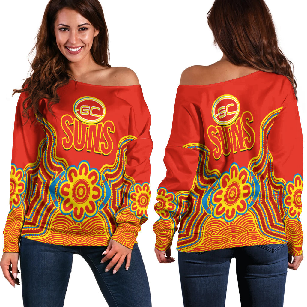 gold-coast-football-off-shoulder-sweater-suns-indigenous-pattern