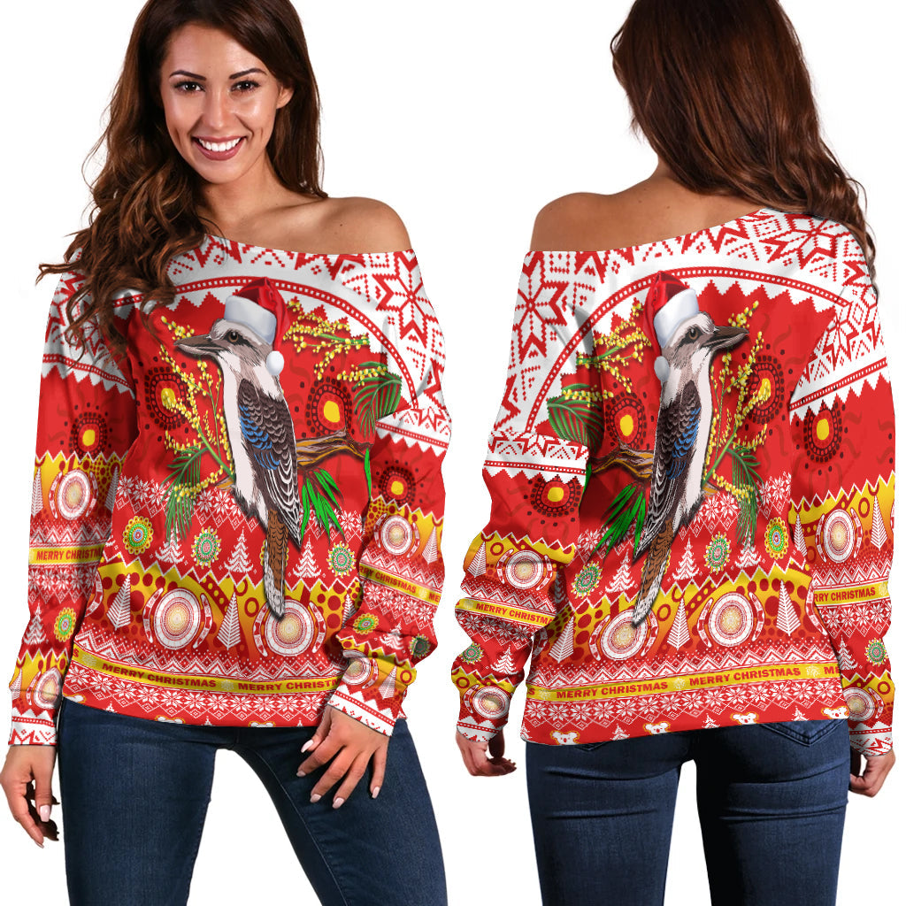 australia-off-shoulder-sweater-kookaburra-mix-golden-wattle-aboriginal-art-merry-christmas