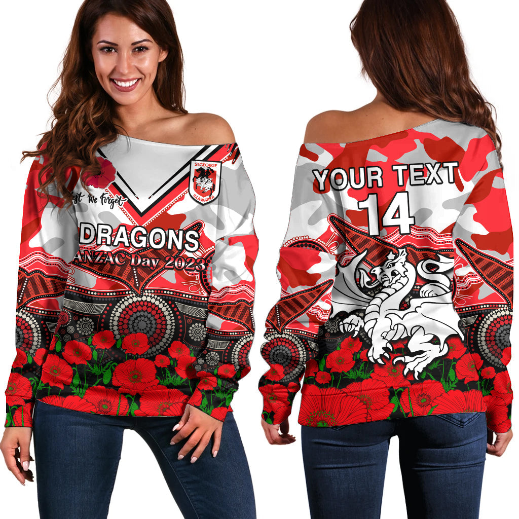 custom-text-and-number-dragons-rugby-anzac-2023-off-shoulder-sweater-aboriginal-mix-poppy-lest-we-forget
