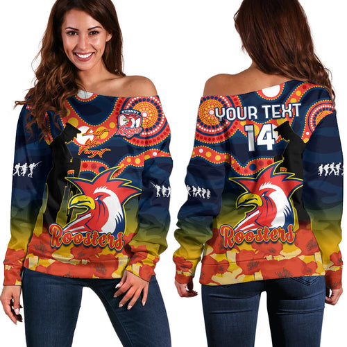 custom-text-and-number-roosters-rugby-anzac-2023-off-shoulder-sweater-dots-poppy-mix-camouflage-lest-we-forget