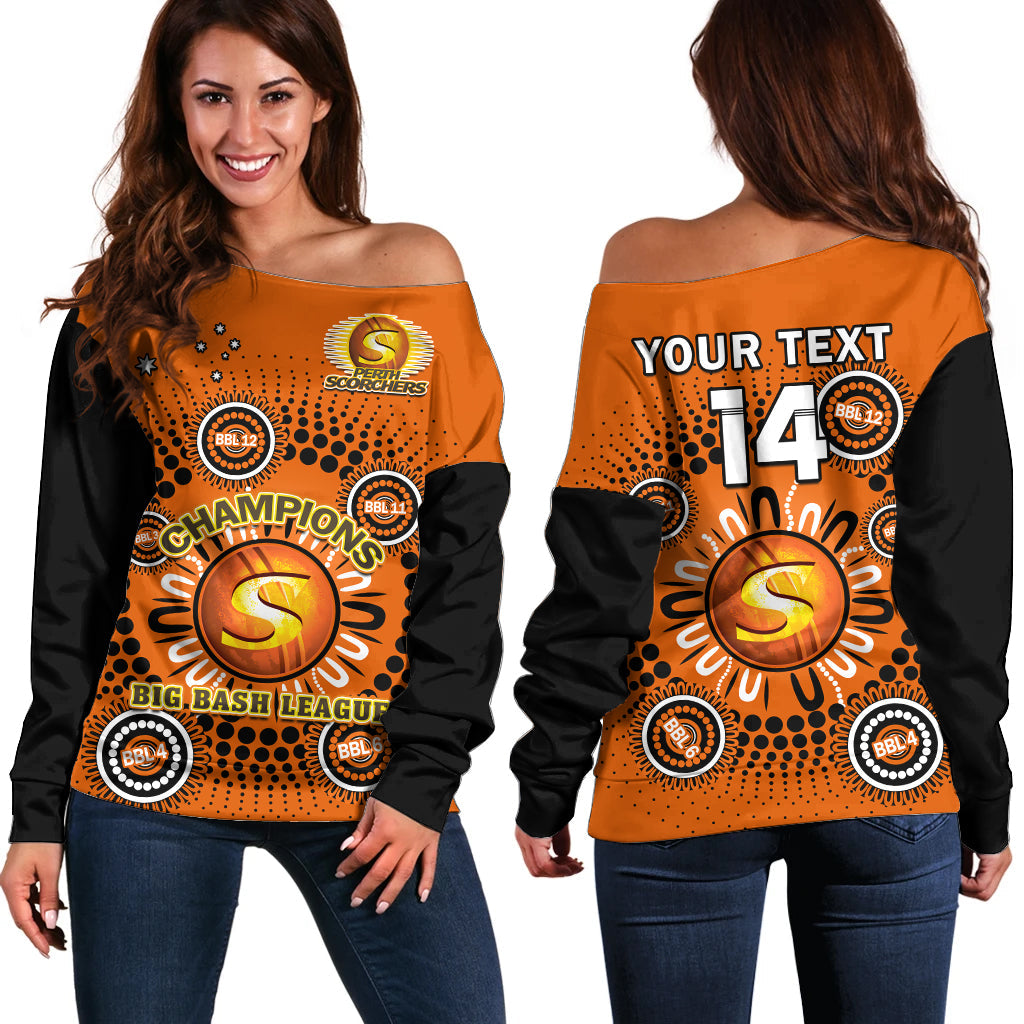custom-text-and-number-perth-scorchers-cricket-off-shoulder-sweater-indigenous-5th-champions-bbl-proud