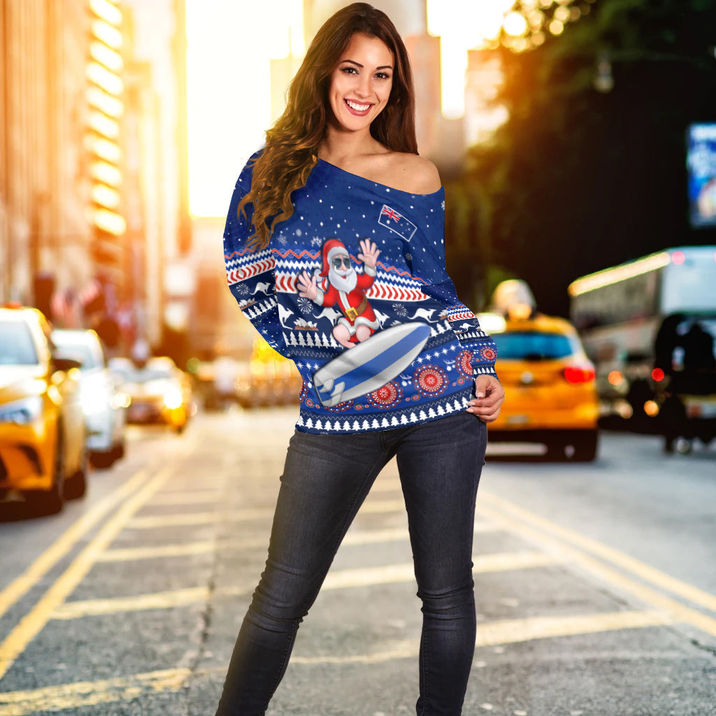 custom-personalised-australia-christmas-off-shoulder-sweater-aussie-aboriginal-santa-claus-is-surfing-with-kangaroo