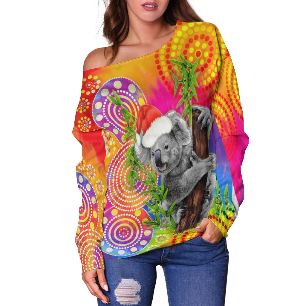 custom-personalised-australia-koala-aboriginal-off-shoulder-sweater-rainbow-tie-dye-merry-christmas