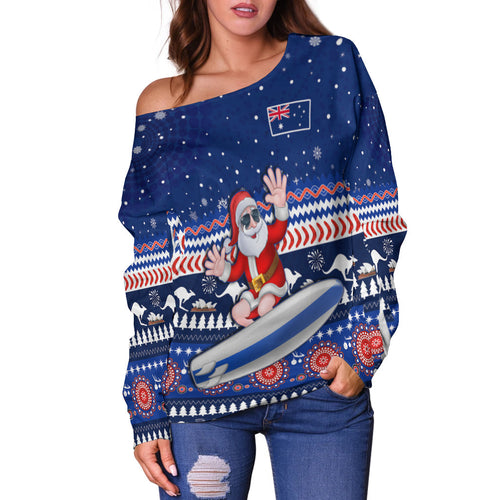 custom-personalised-australia-christmas-off-shoulder-sweater-aussie-aboriginal-santa-claus-is-surfing-with-kangaroo