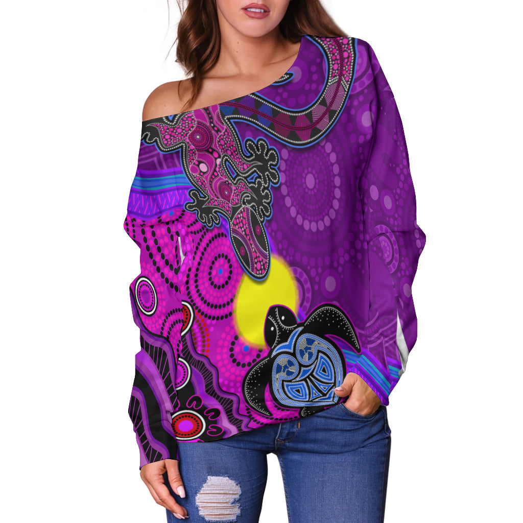 custom-personalised-australia-lizard-and-turtle-off-shoulder-sweater-aboriginal-art-beautiful-life