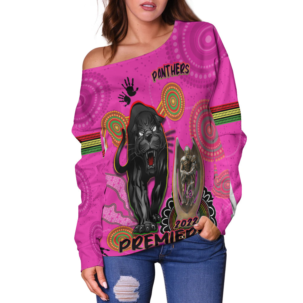 custom-personalised-panthers-off-shoulder-sweater-aboriginal-premiers-2022-we-are-the-champions-with-trophy