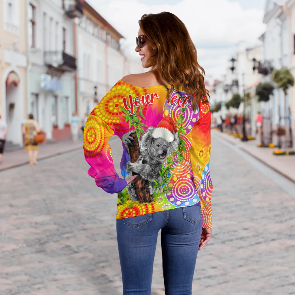 custom-personalised-australia-koala-aboriginal-off-shoulder-sweater-rainbow-tie-dye-merry-christmas