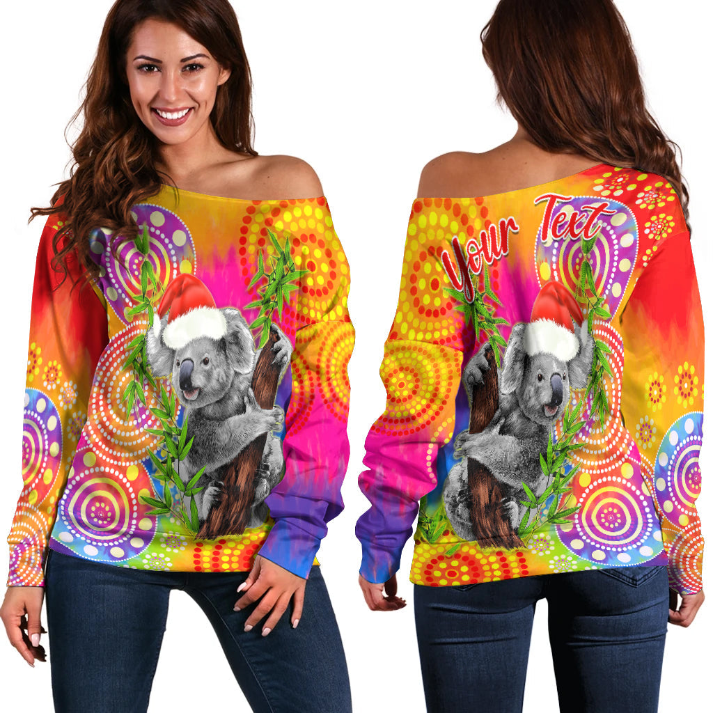 custom-personalised-australia-koala-aboriginal-off-shoulder-sweater-rainbow-tie-dye-merry-christmas