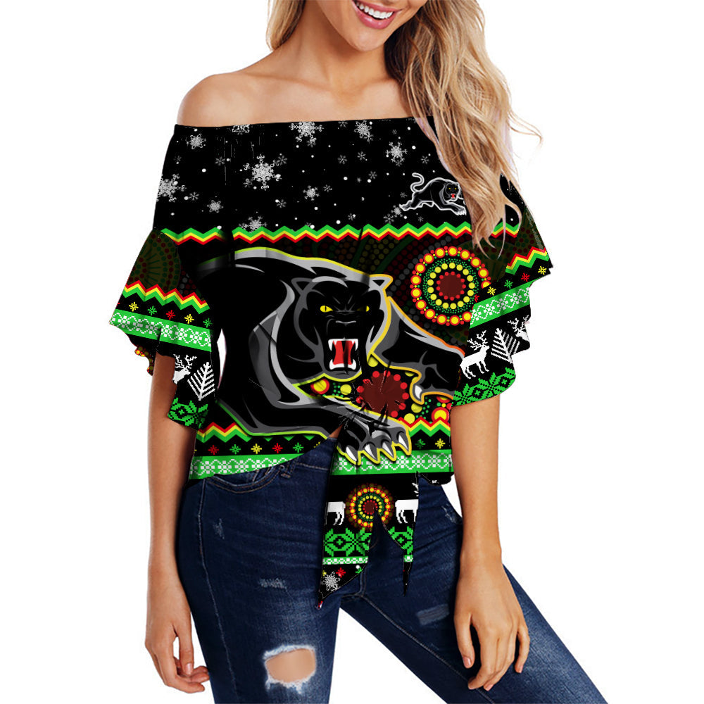 panthers-christmas-off-shoulder-waist-wrap-top-aboriginal-pattern-penrith-black-version