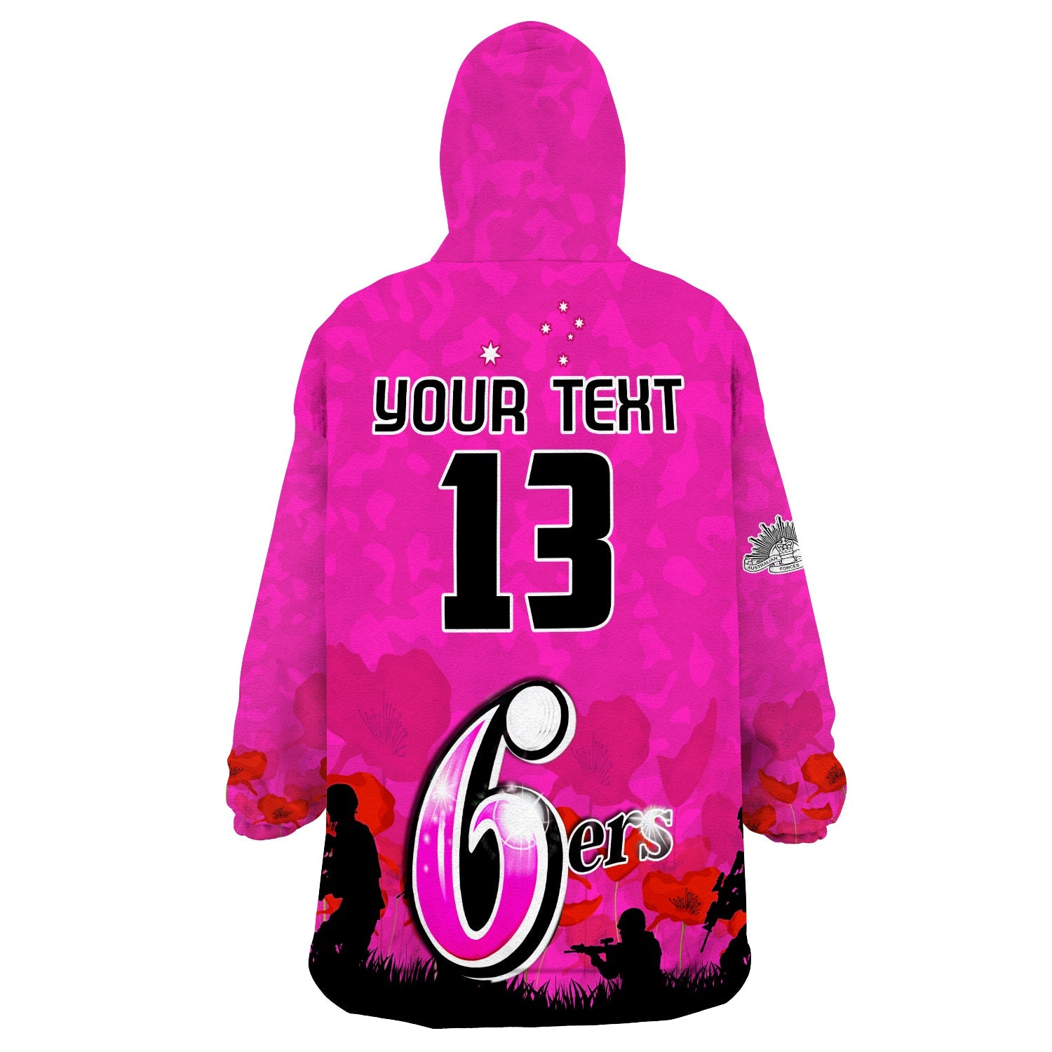 custom-text-and-number-sydney-sixers-cricket-wearable-blanket-hoodie-anzac-day-camouflage-poppy-lest-we-forget