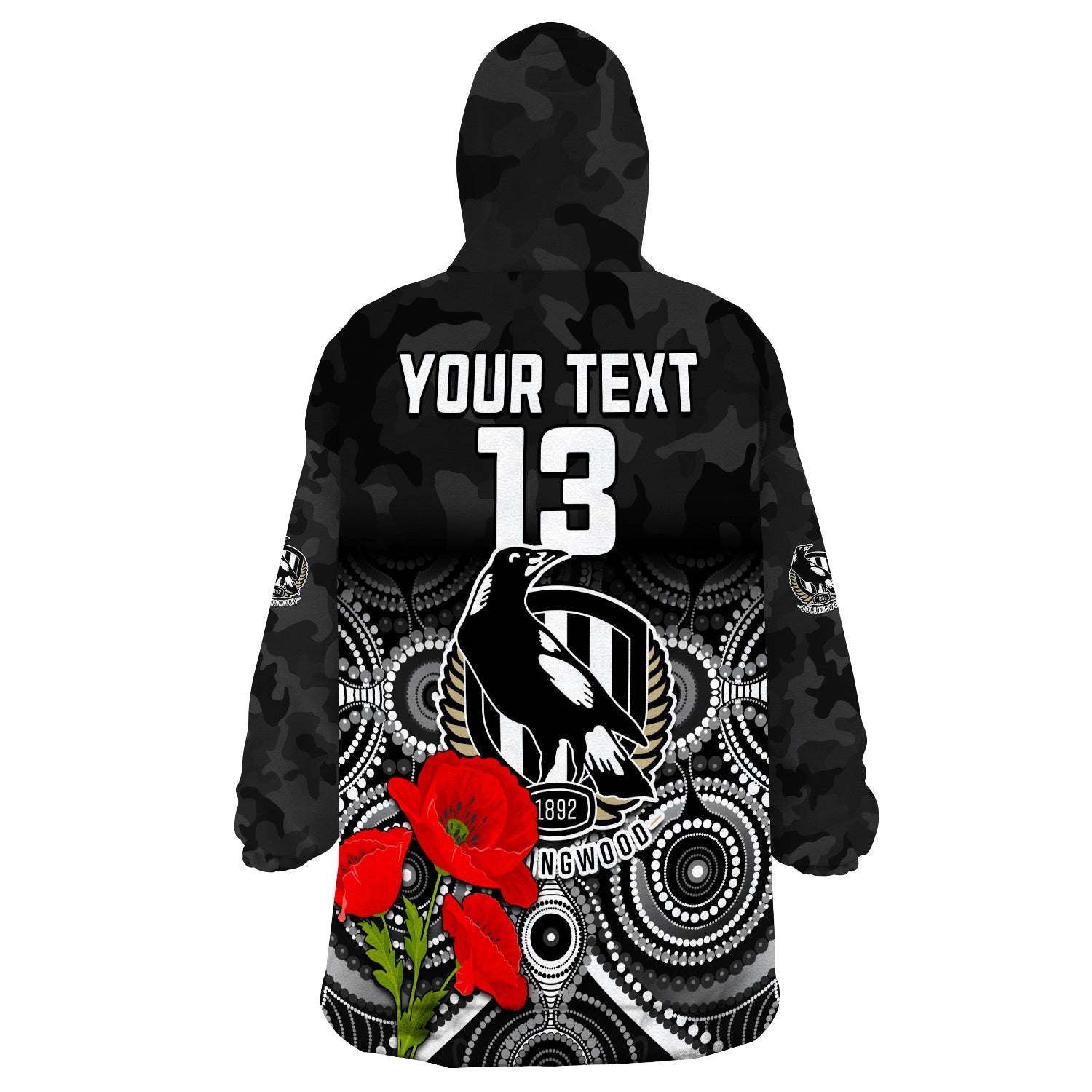 custom-text-and-number-magpies-football-anzac-day-wearable-blanket-hoodie-aboriginal-poppy-flowers