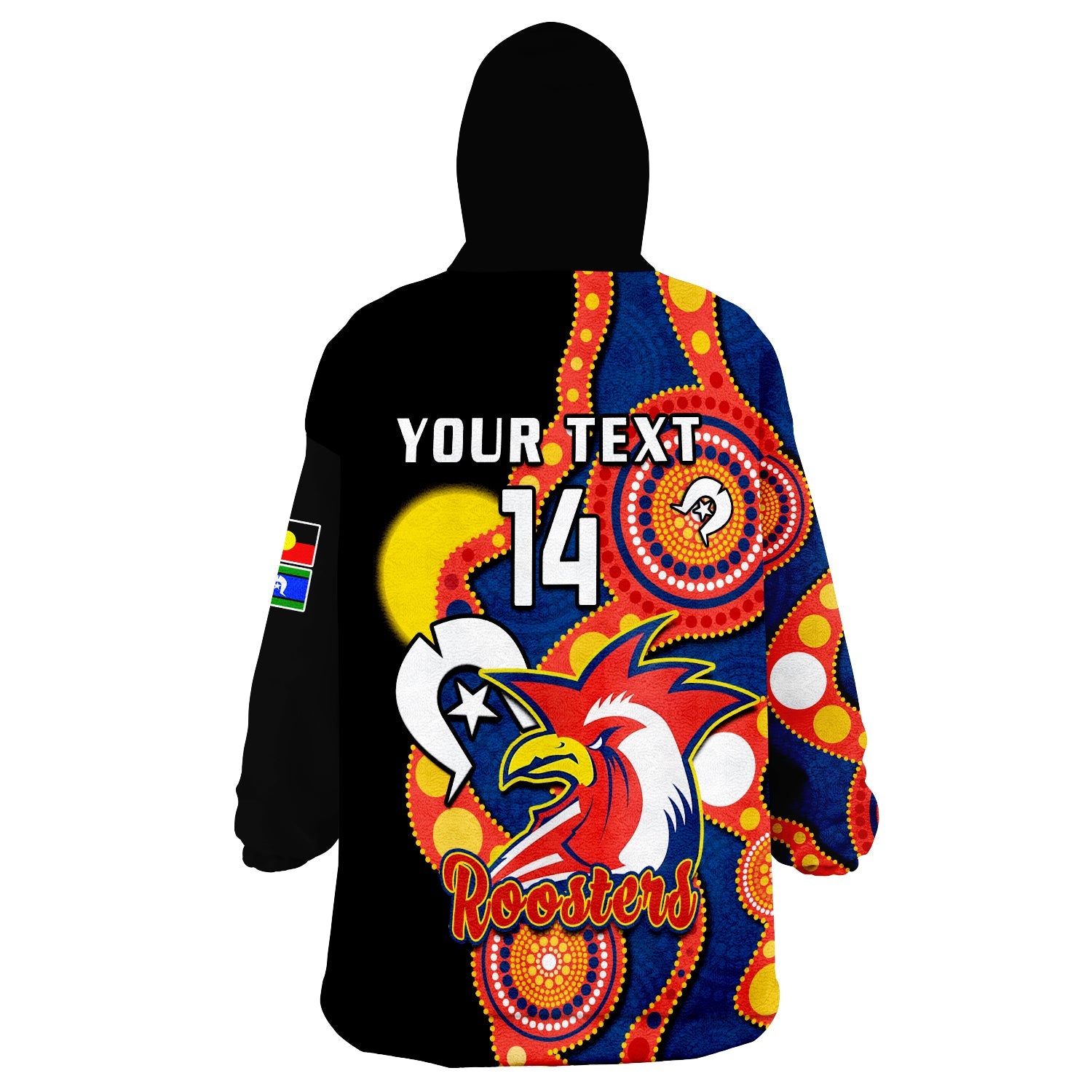 custom-text-and-number-roosters-rugby-naidoc-2023-wearable-blanket-hoodie-tricolours-for-our-elders-indigenous-art