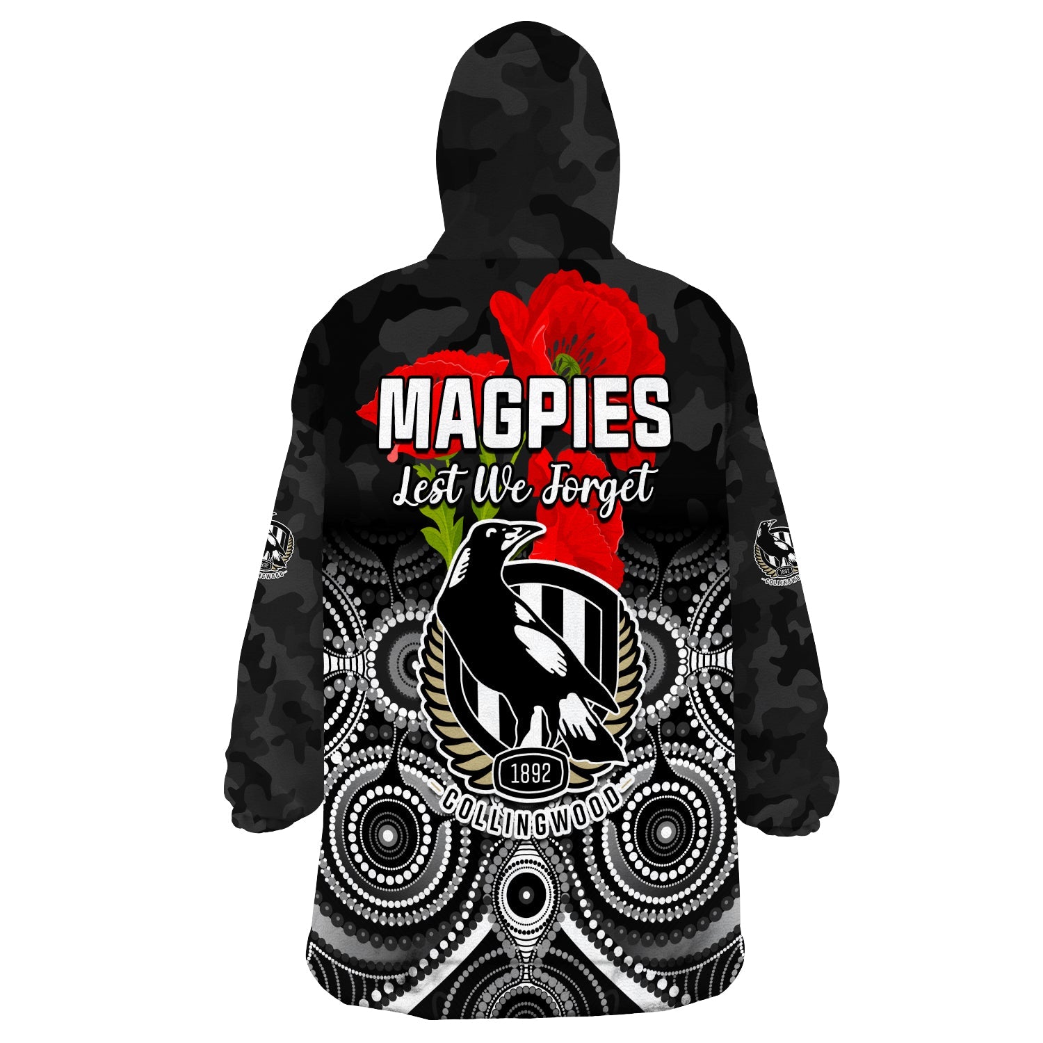 magpies-football-anzac-day-wearable-blanket-hoodie-aboriginal-poppy-flowers