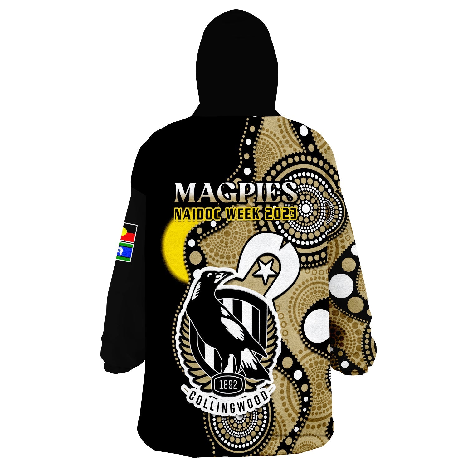 collingwood-football-naidoc-2023-wearable-blanket-hoodie-magpies-for-our-elders-indigenous-art