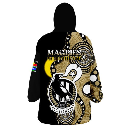 collingwood-football-naidoc-2023-wearable-blanket-hoodie-magpies-for-our-elders-indigenous-art
