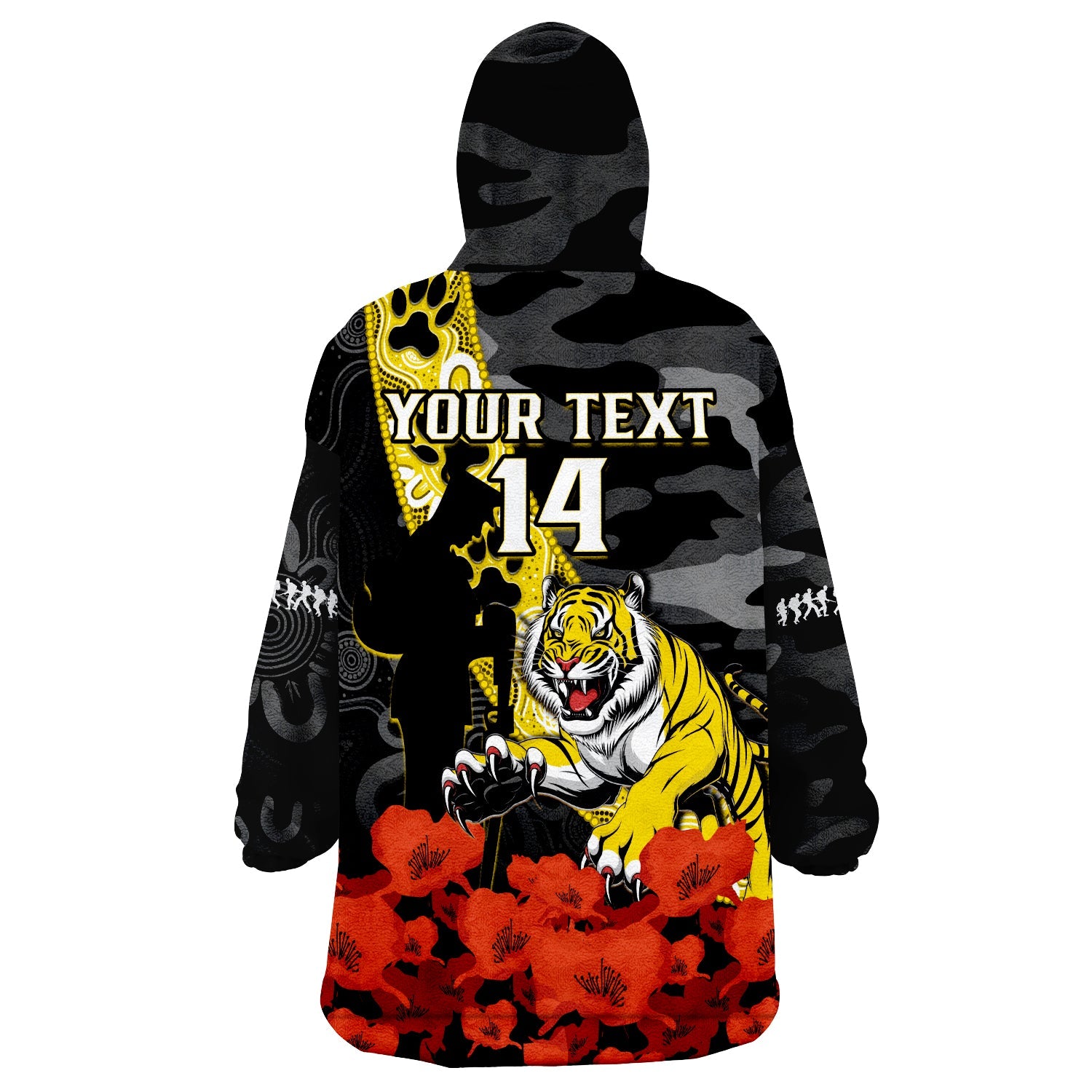 custom-text-and-number-richmond-football-anzac-2023-wearable-blanket-hoodie-tigers-aboriginal-mix-poppy-camouflage