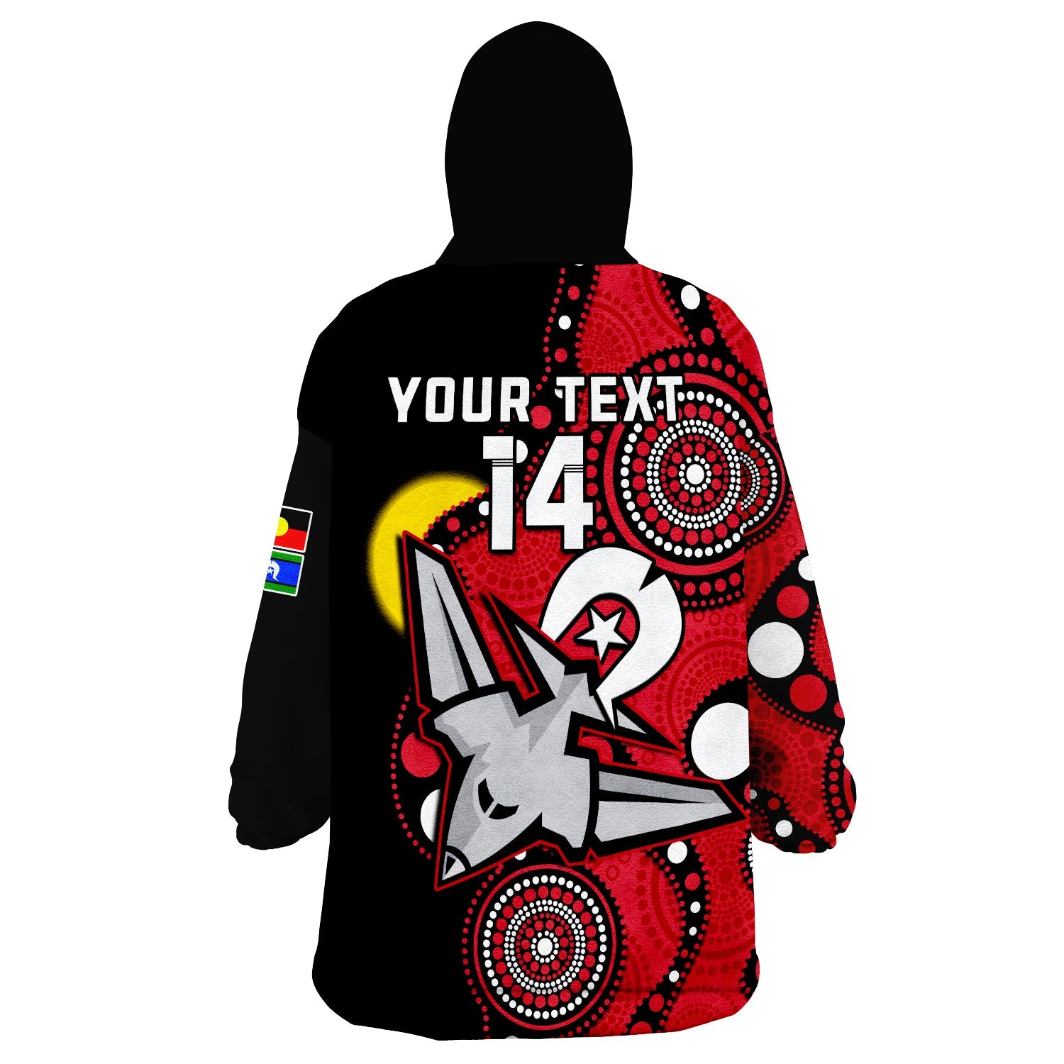 custom-text-and-number-essendon-football-naidoc-2023-wearable-blanket-hoodie-bombers-for-our-elders-indigenous-art