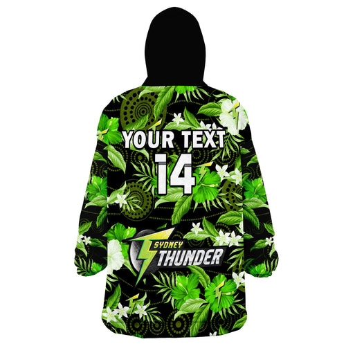 custom-text-and-number-sydney-thunder-cricket-wearable-blanket-hoodie-aboriginal-art-mix-tropical-flowers
