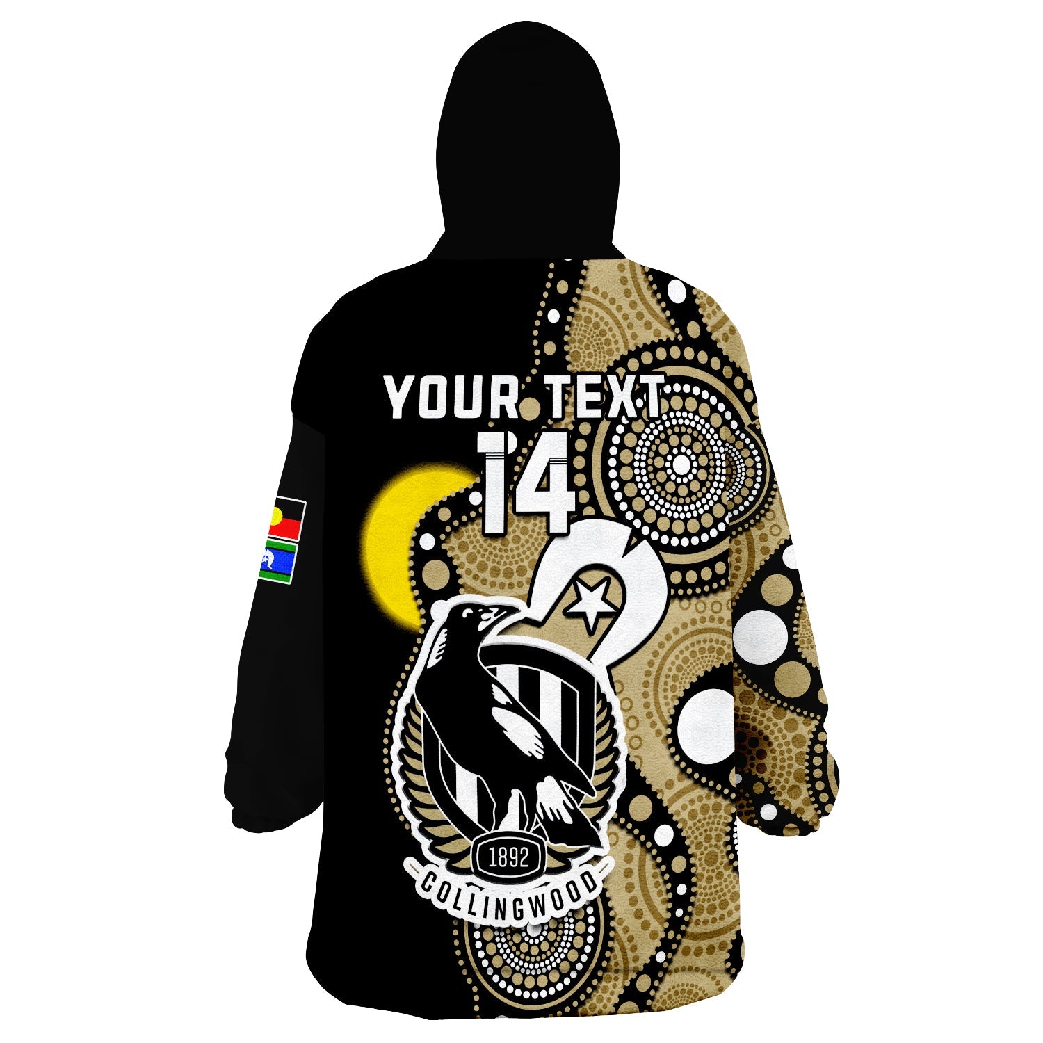 custom-text-and-number-collingwood-football-naidoc-2023-wearable-blanket-hoodie-magpies-for-our-elders-indigenous-art