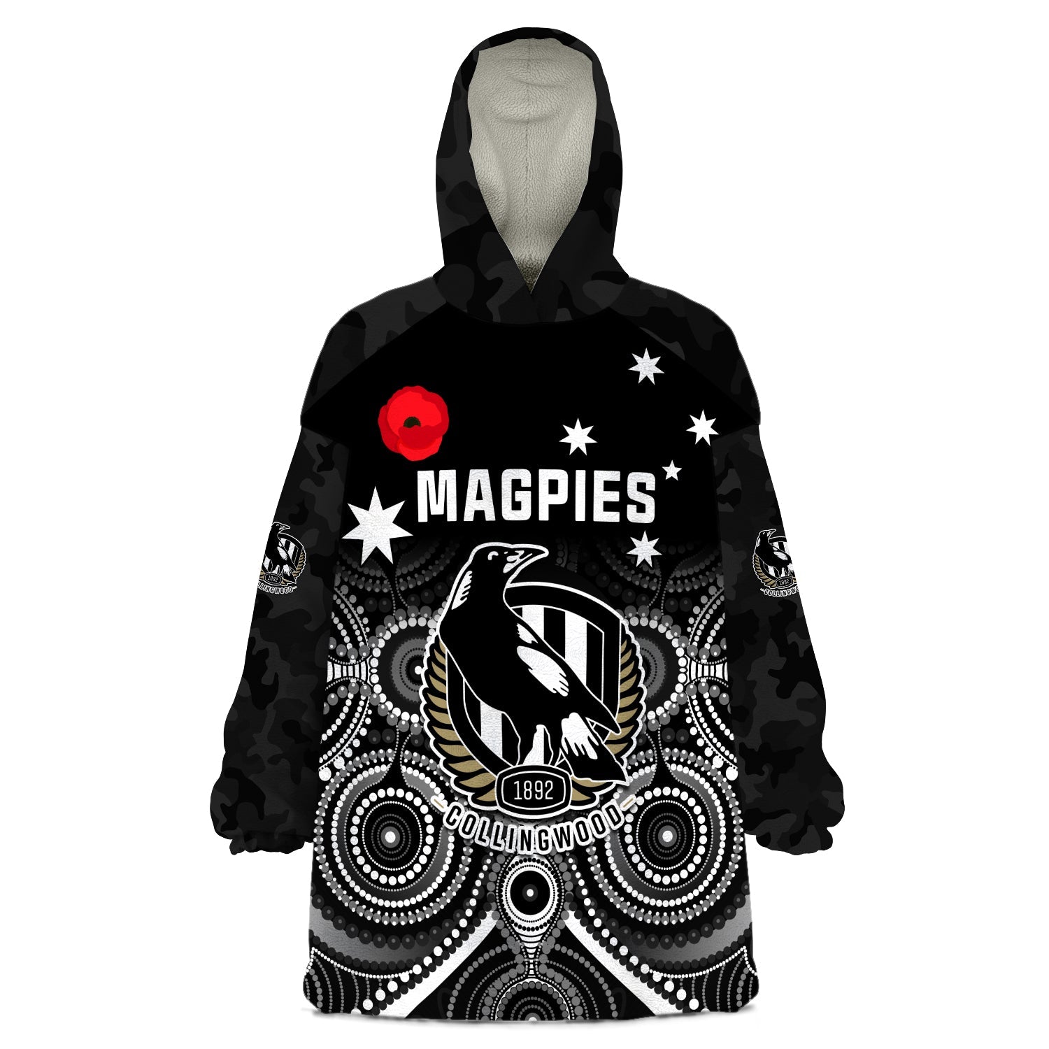 custom-text-and-number-magpies-football-anzac-day-wearable-blanket-hoodie-aboriginal-poppy-flowers