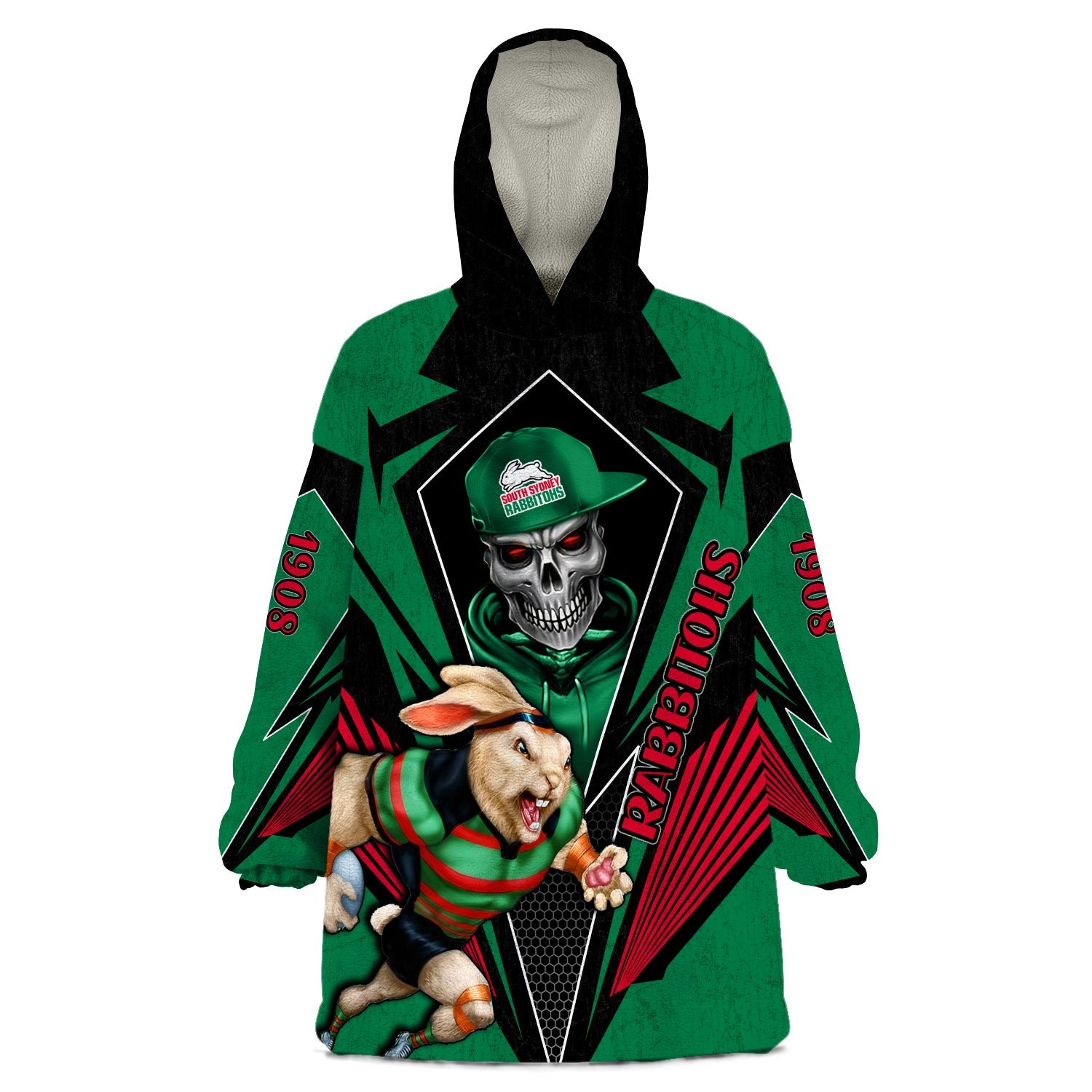 custom-personalised-rabbitohs-rugby-wearable-blanket-hoodie-mascot-south-sydney-since-1908-cool-skull