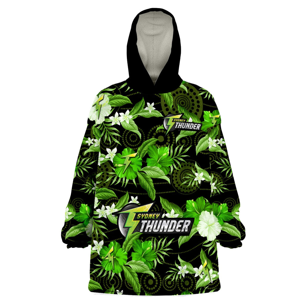 custom-text-and-number-sydney-thunder-cricket-wearable-blanket-hoodie-aboriginal-art-mix-tropical-flowers