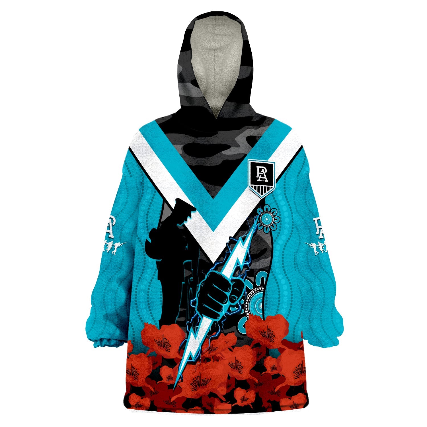 custom-text-and-number-port-adelaide-football-anzac-2023-wearable-blanket-hoodie-power-aboriginal-mix-poppy-camouflage