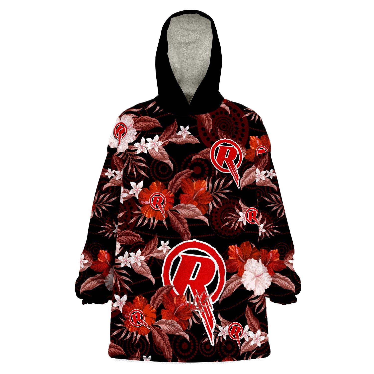 custom-text-and-number-melbourne-renegades-cricket-wearable-blanket-hoodie-aboriginal-art-mix-tropical-flowers