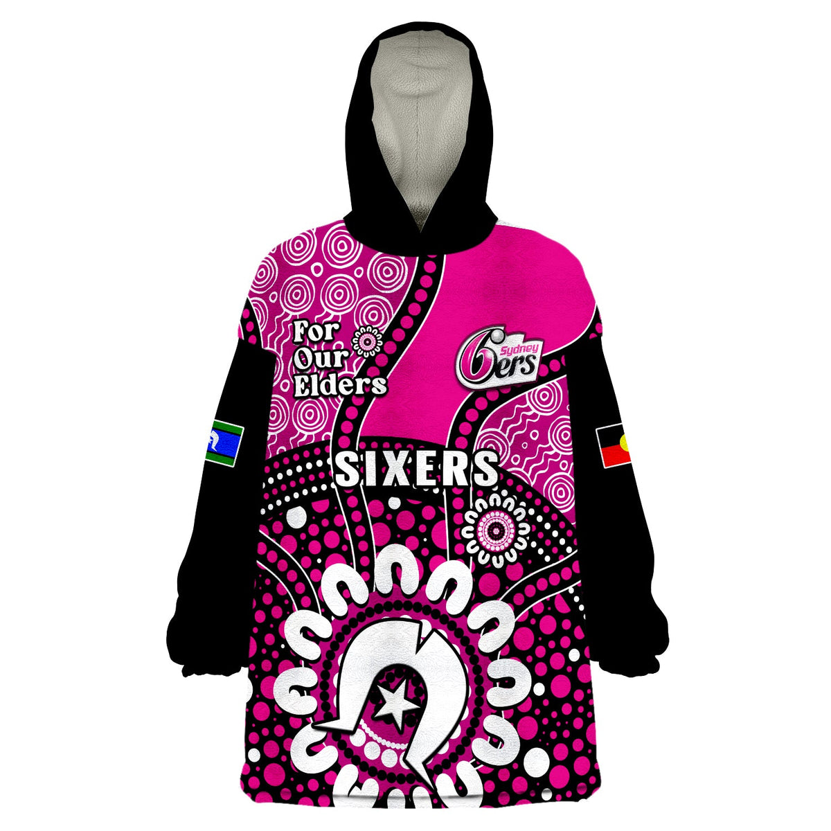 custom-text-and-number-sydney-sixers-naidoc-2023-wearable-blanket-hoodie-indigenous-for-our-elders