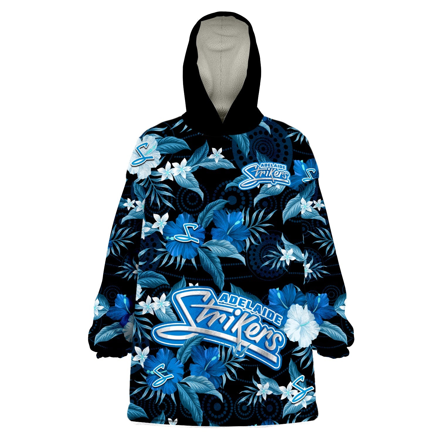 custom-text-and-number-adelaide-strikers-cricket-wearable-blanket-hoodie-aboriginal-art-mix-tropical-flowers