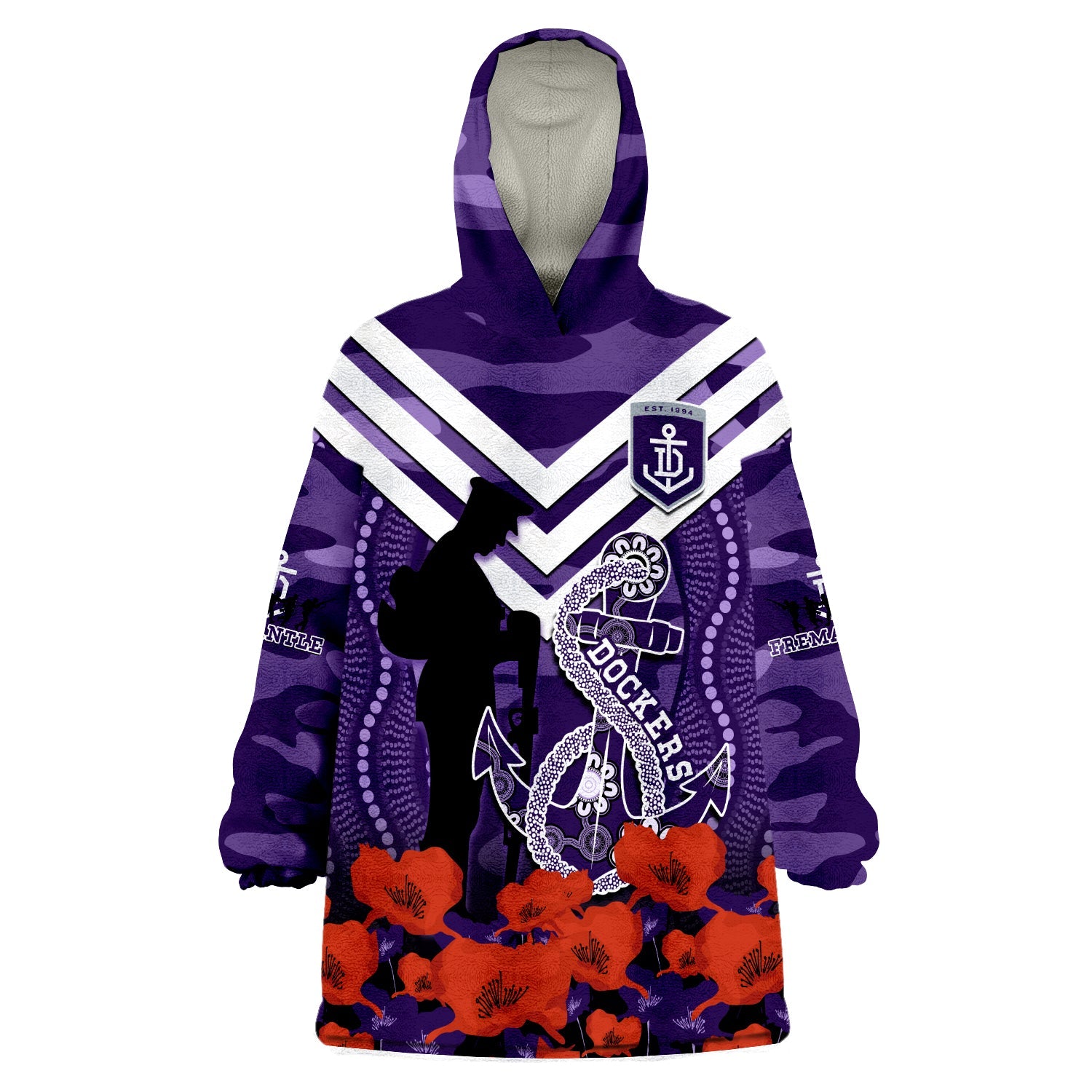 custom-text-and-number-dockers-football-anzac-2023-wearable-blanket-hoodie-aboriginal-mix-poppy-camouflage