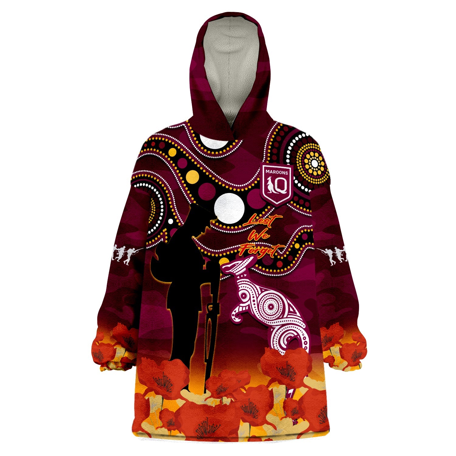 custom-text-and-number-maroons-rugby-anzac-2023-wearable-blanket-hoodie-qld-aboriginal-mix-poppy-camouflage