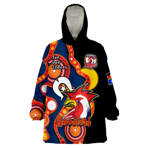 custom-text-and-number-roosters-rugby-naidoc-2023-wearable-blanket-hoodie-tricolours-for-our-elders-indigenous-art