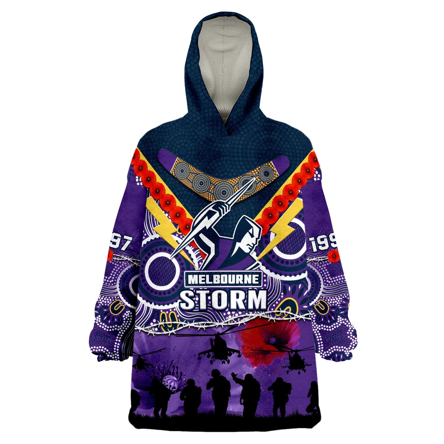 custom-text-and-number-melbourne-storm-rugby-anzac-wearable-blanket-hoodie-indigenous-poppy-australian-army