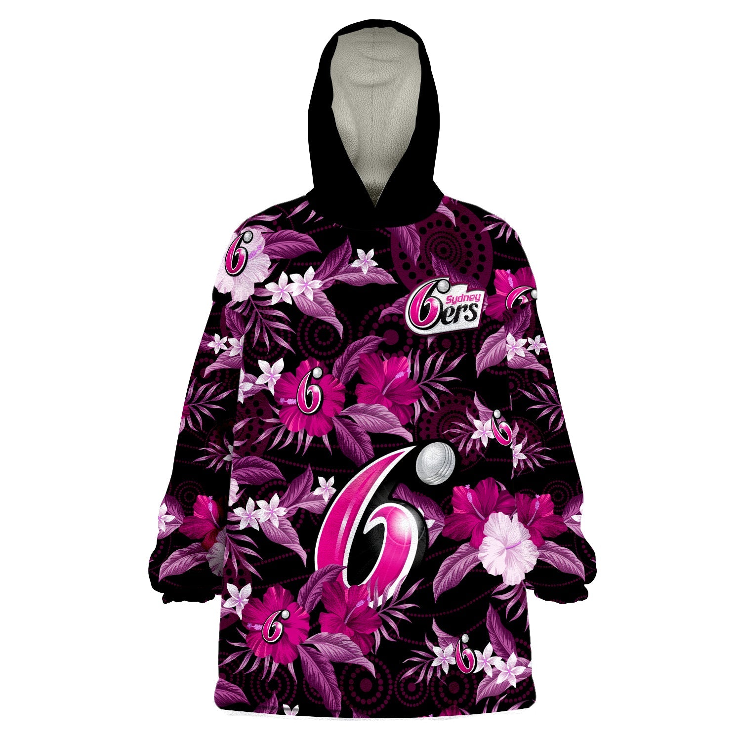 sydney-sixers-cricket-wearable-blanket-hoodie-aboriginal-art-mix-tropical-flowers